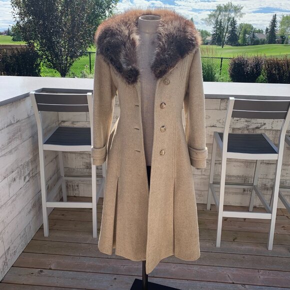 Vintage 50s 60s Union Made Oatmeal Wool Fur Trim Collar Long Belted Overcoat - Picture 2 of 16
